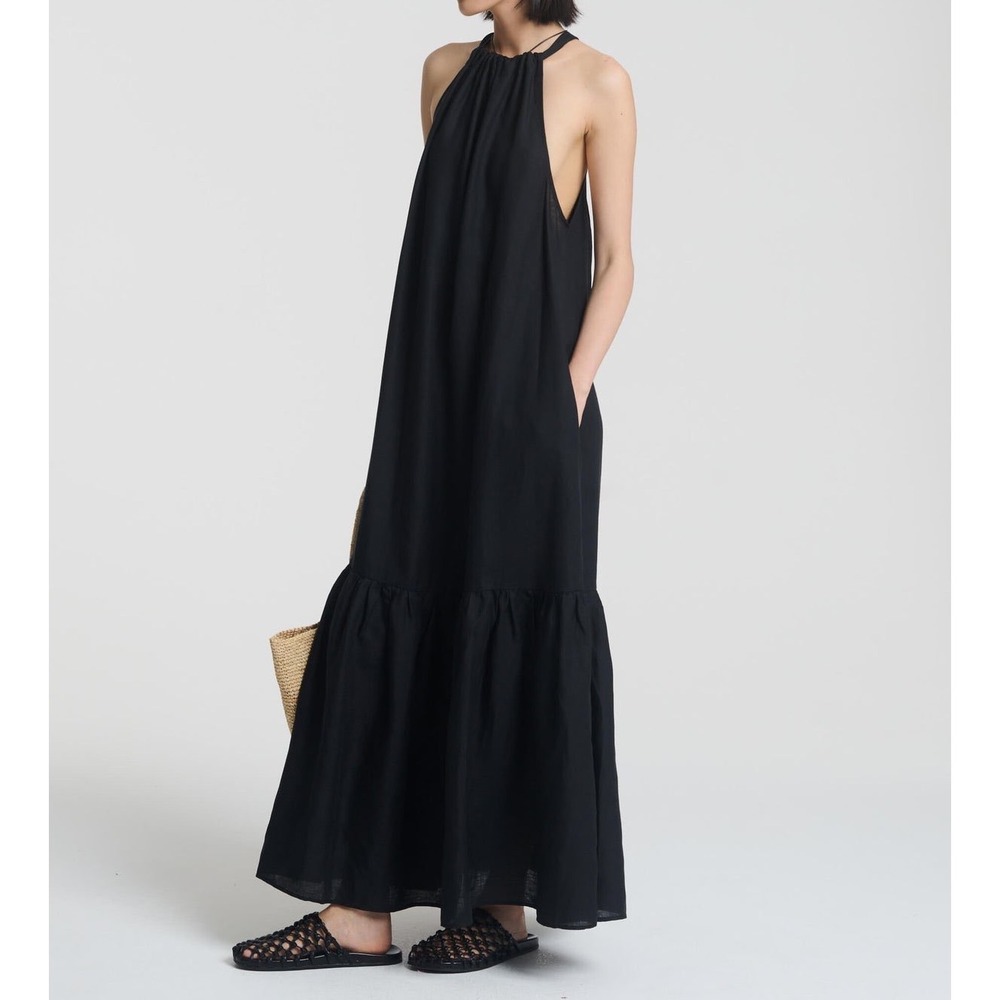 Asceno Ibiza Black Linen Maxi Dress Organic Halter Tent Tiered Pockets XS